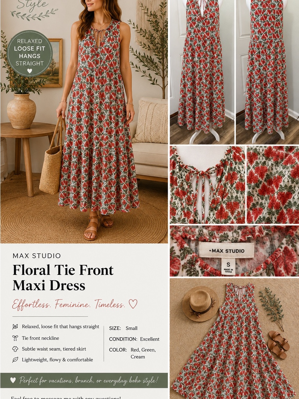 Max Studio size Small Red & Cream Floral Tie-Front Maxi Dress